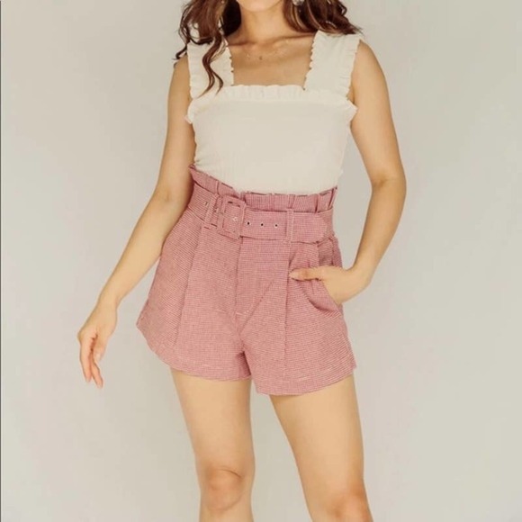 EGGIE Rochelle Red Houndstooth High Waist Paper Bag Belted Shorts Size Large - Picture 1 of 7